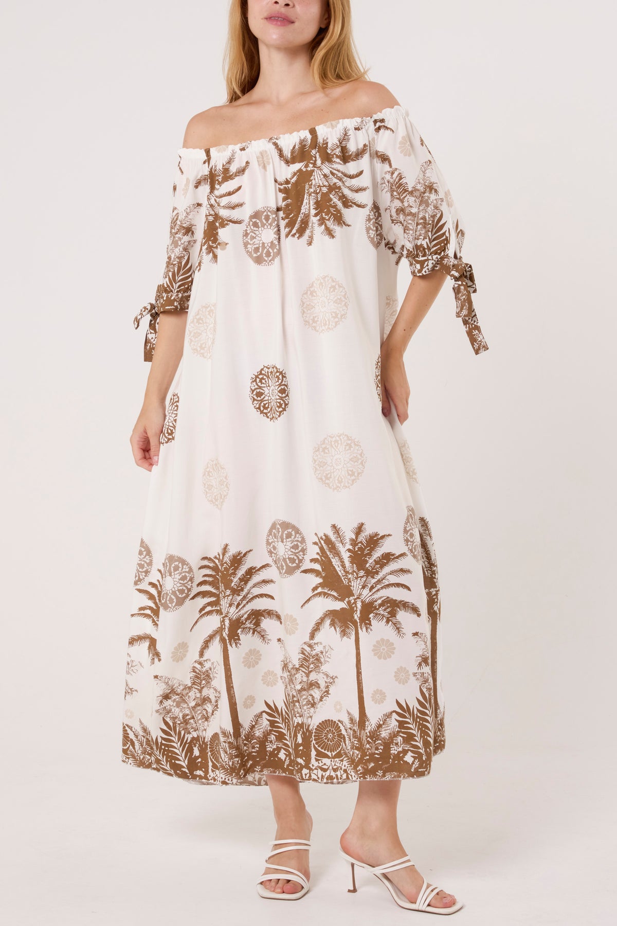 Palm Tree Tied Sleeve Bardot Dress