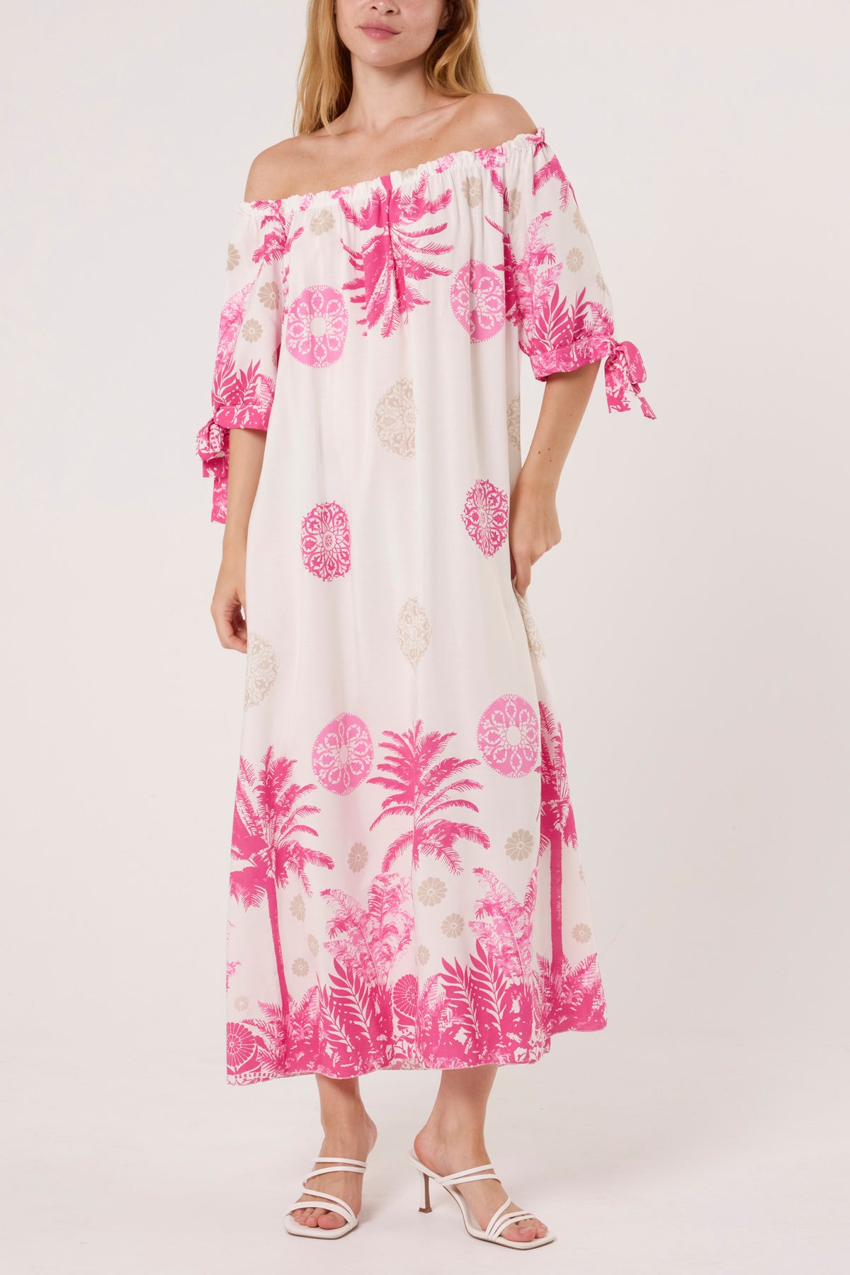Palm Tree Tied Sleeve Bardot Dress