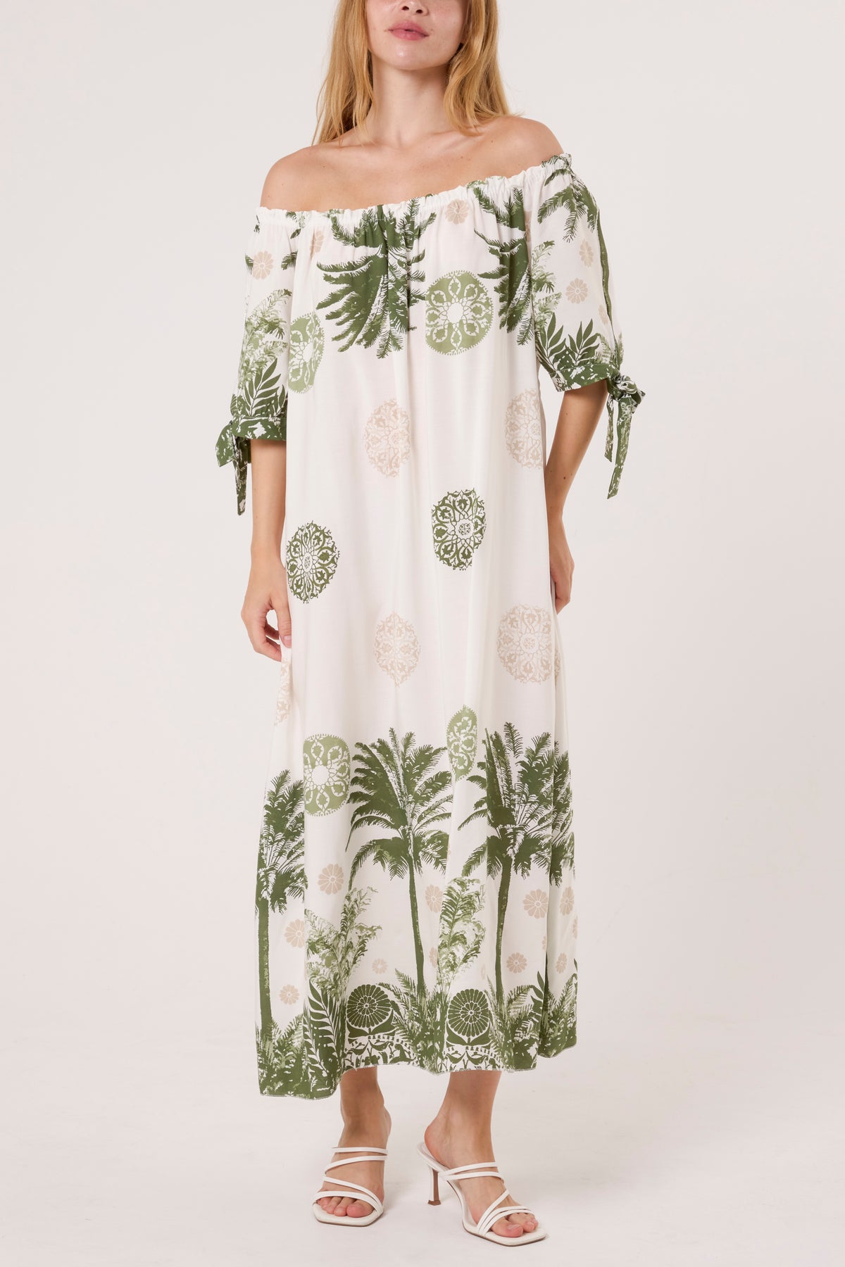 Palm Tree Tied Sleeve Bardot Dress