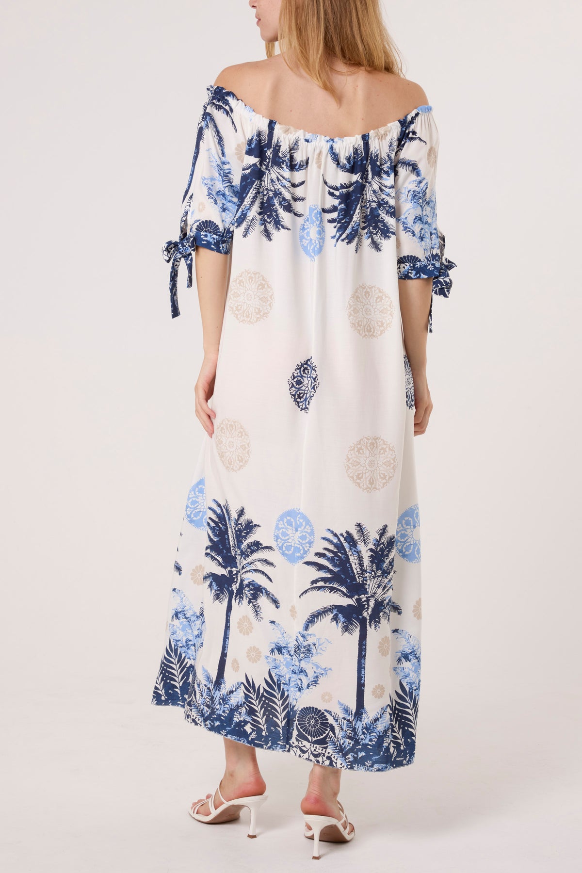 Palm Tree Tied Sleeve Bardot Dress