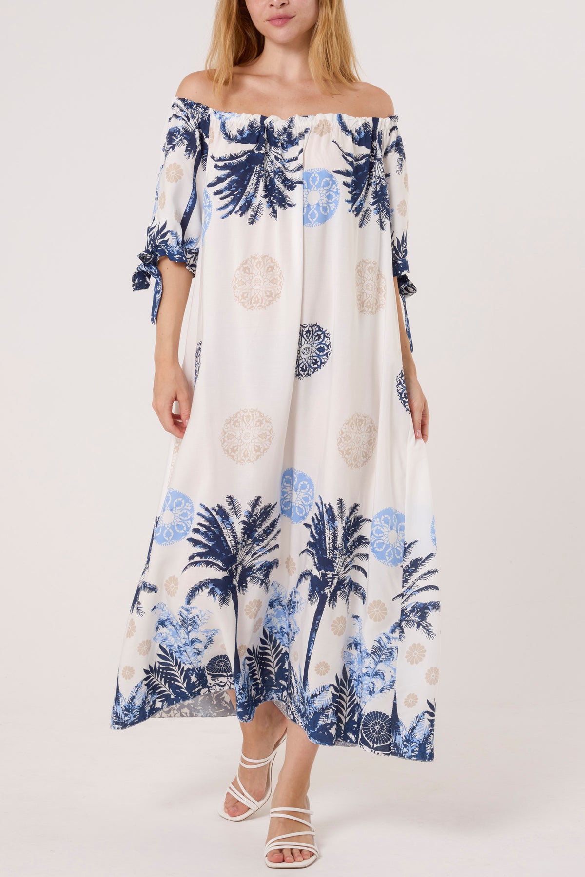 Palm Tree Tied Sleeve Bardot Dress