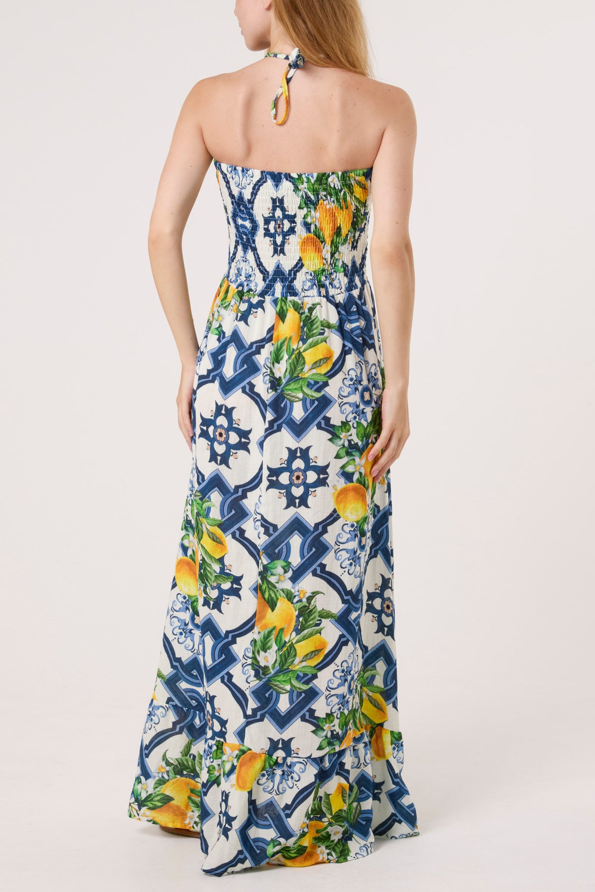 Halter Shirred Bodice Lemon Dress