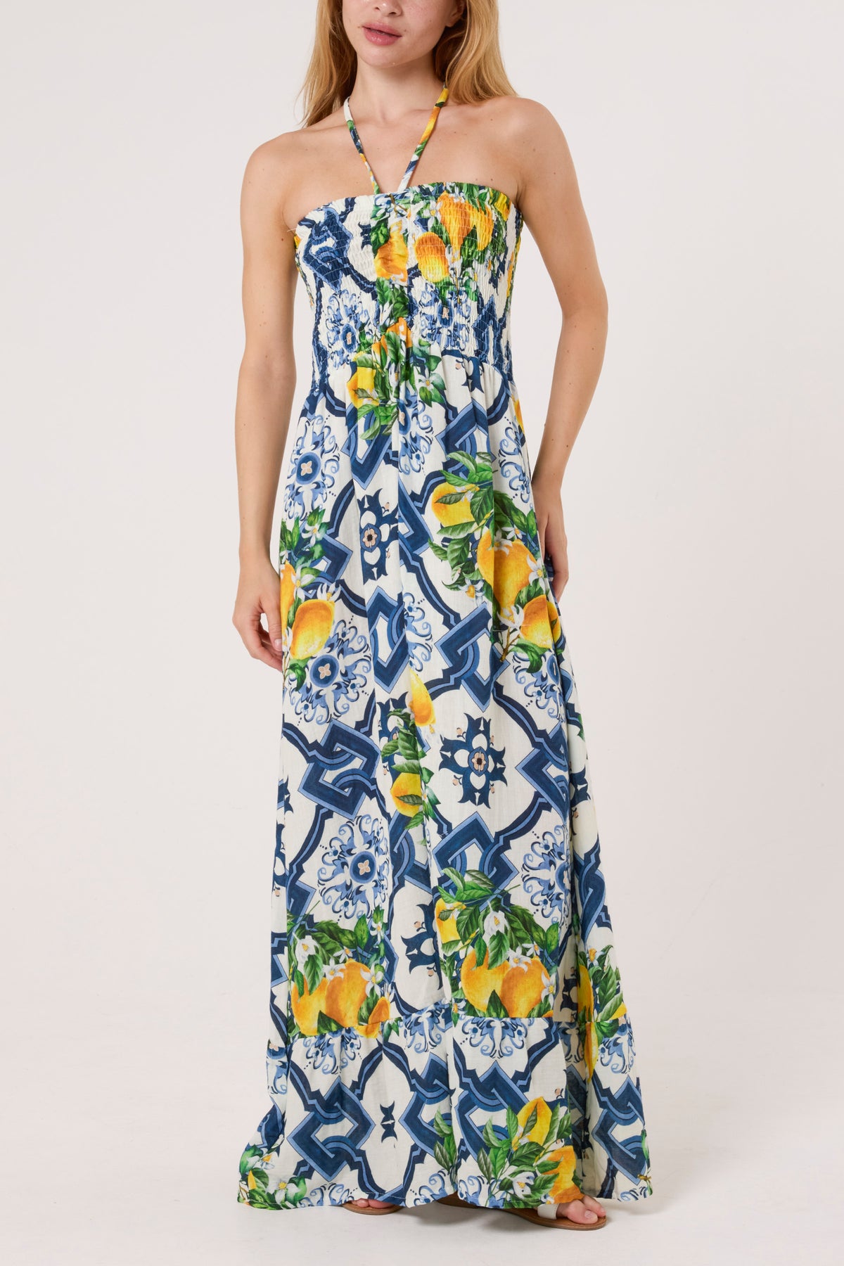 Halter Shirred Bodice Lemon Dress