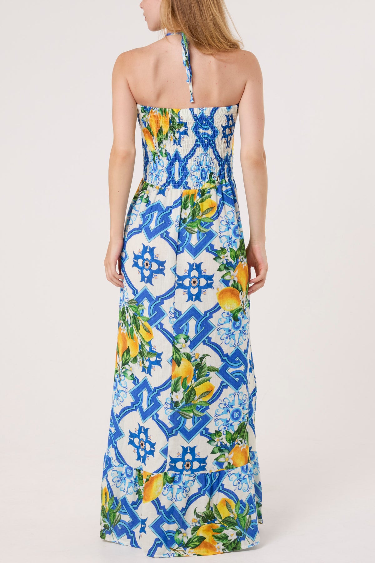 Halter Shirred Bodice Lemon Dress
