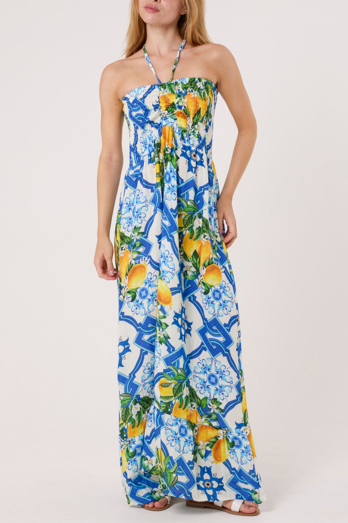 Halter Shirred Bodice Lemon Dress