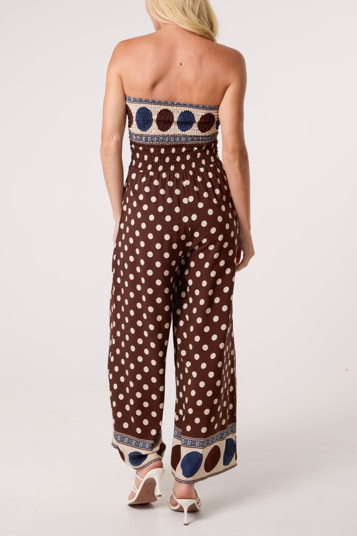 Polka Dot Bandeau Shirred Jumpsuit