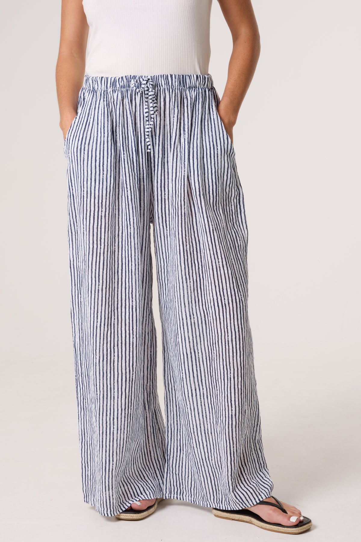 Pinstripe Cotton Wide Leg Trousers