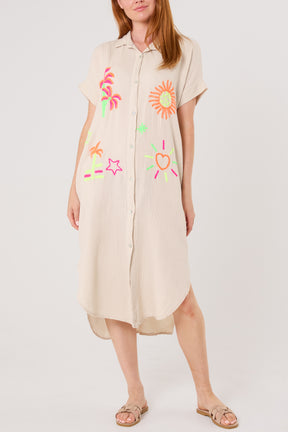 Neon Embroidery Cheesecloth Collar Dress