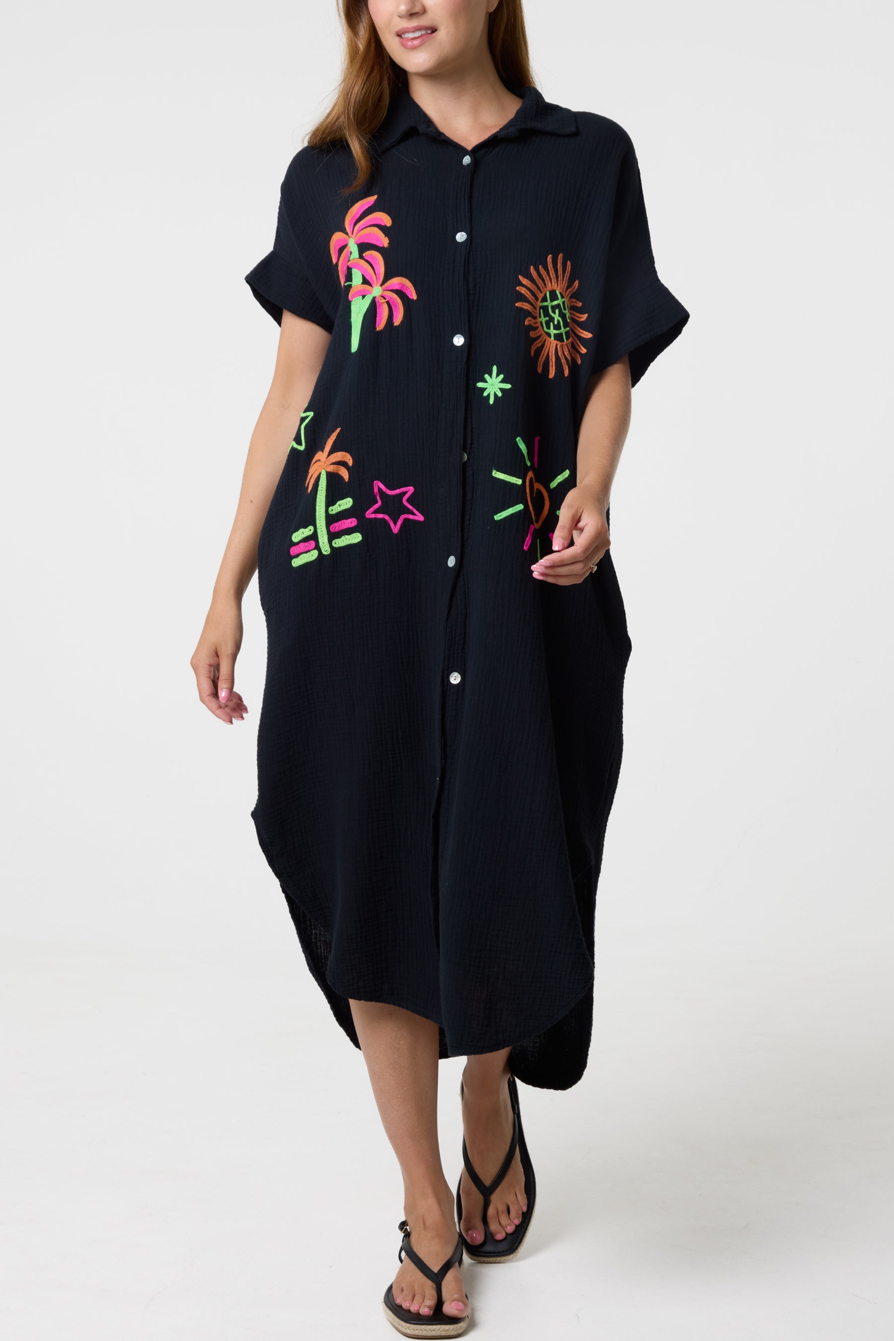 Neon Embroidery Cheesecloth Collar Dress