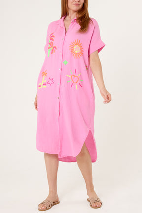 Neon Embroidery Cheesecloth Collar Dress