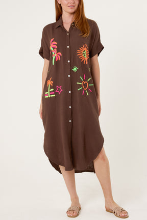 Neon Embroidery Cheesecloth Collar Dress