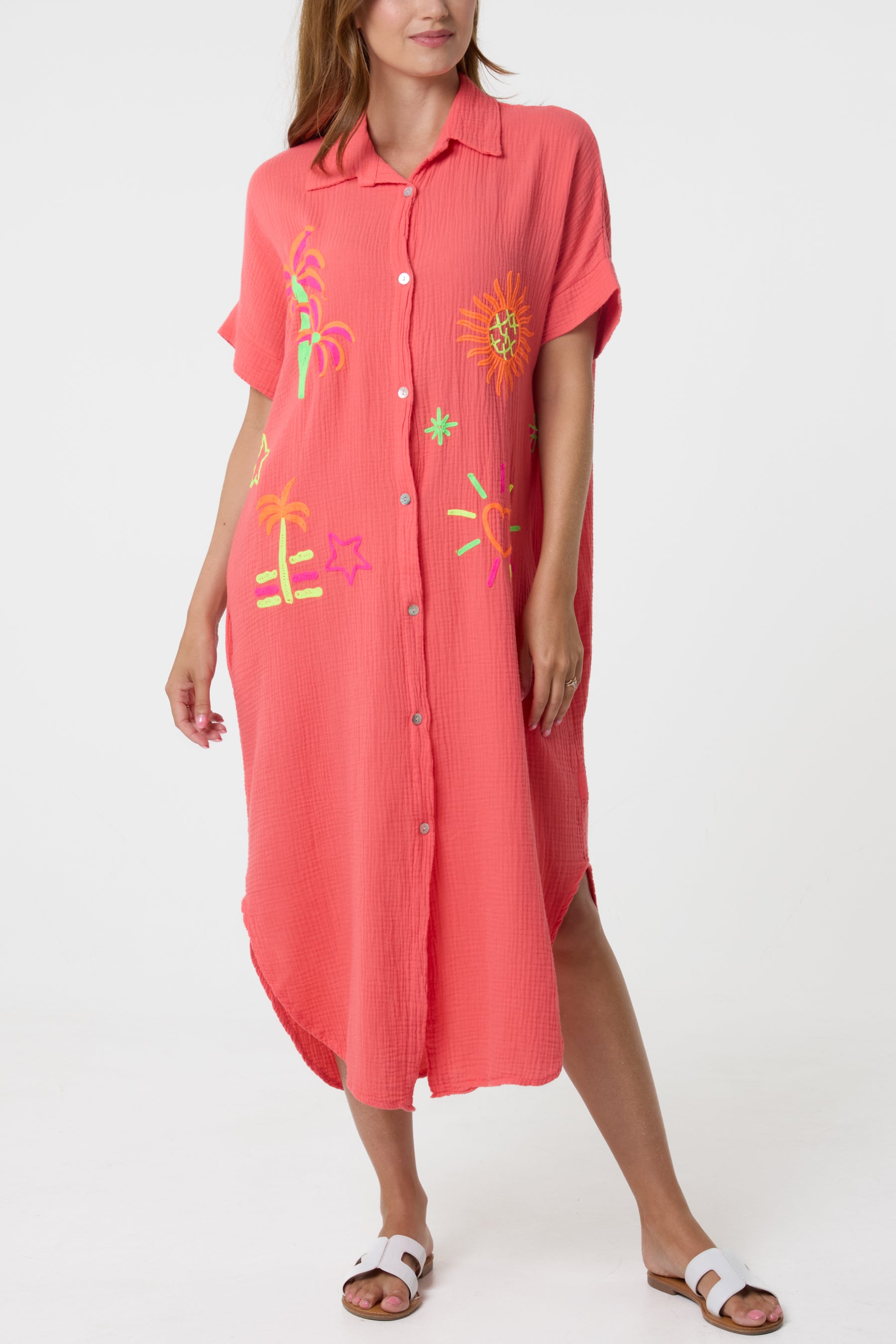 Neon Embroidery Cheesecloth Collar Dress