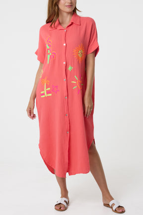 Neon Embroidery Cheesecloth Collar Dress