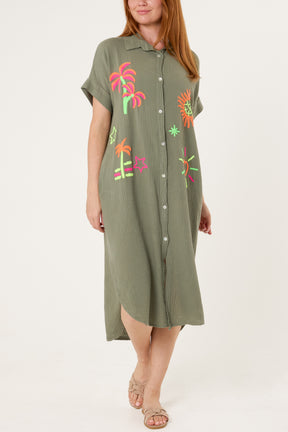 Neon Embroidery Cheesecloth Collar Dress