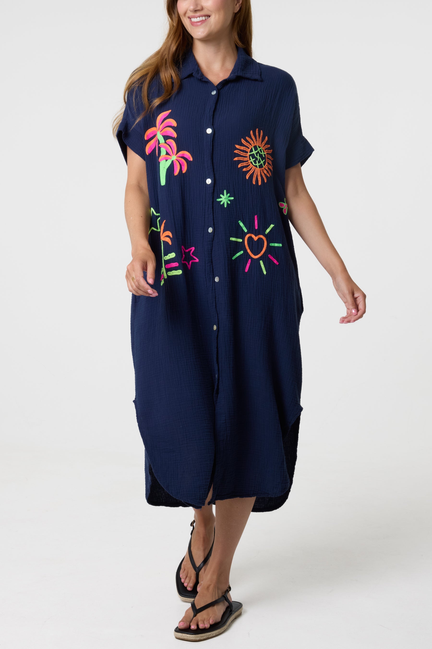 Neon Embroidery Cheesecloth Collar Dress