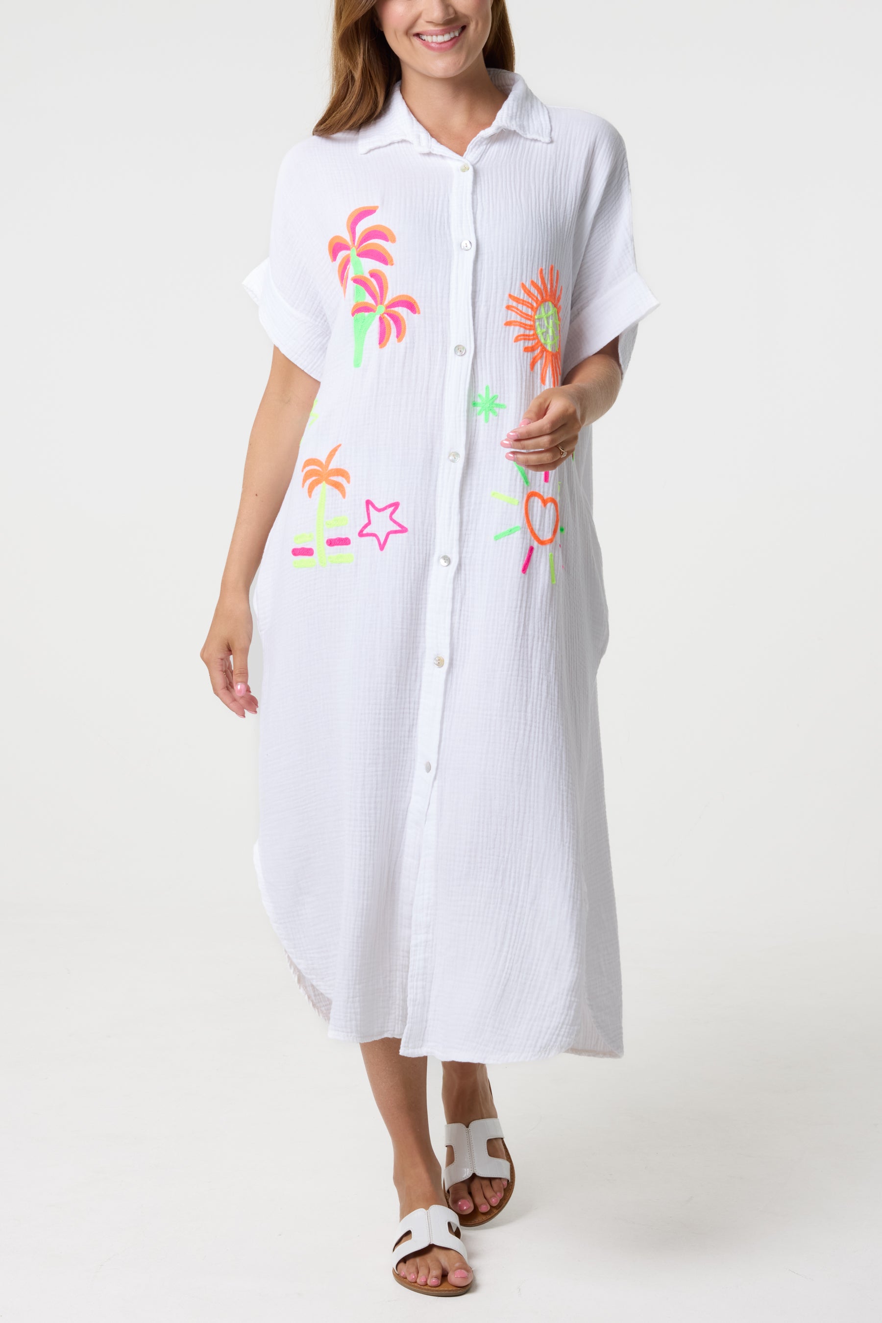 Neon Embroidery Cheesecloth Collar Dress