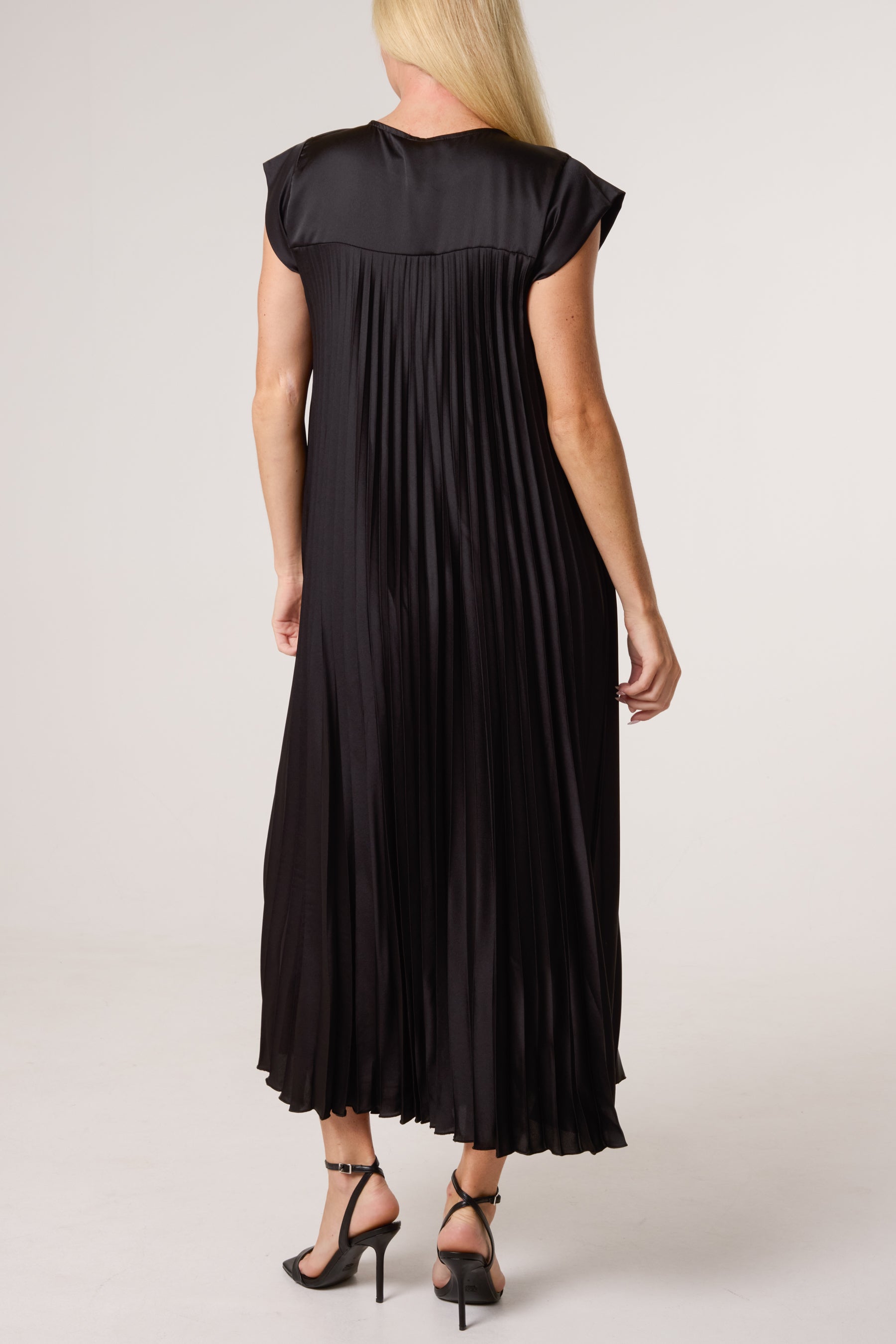 Cap Sleeve Satin Pleated Midi Dress