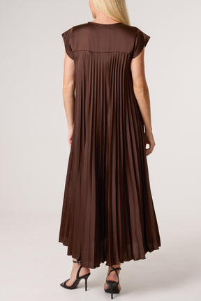 Cap Sleeve Satin Pleated Midi Dress