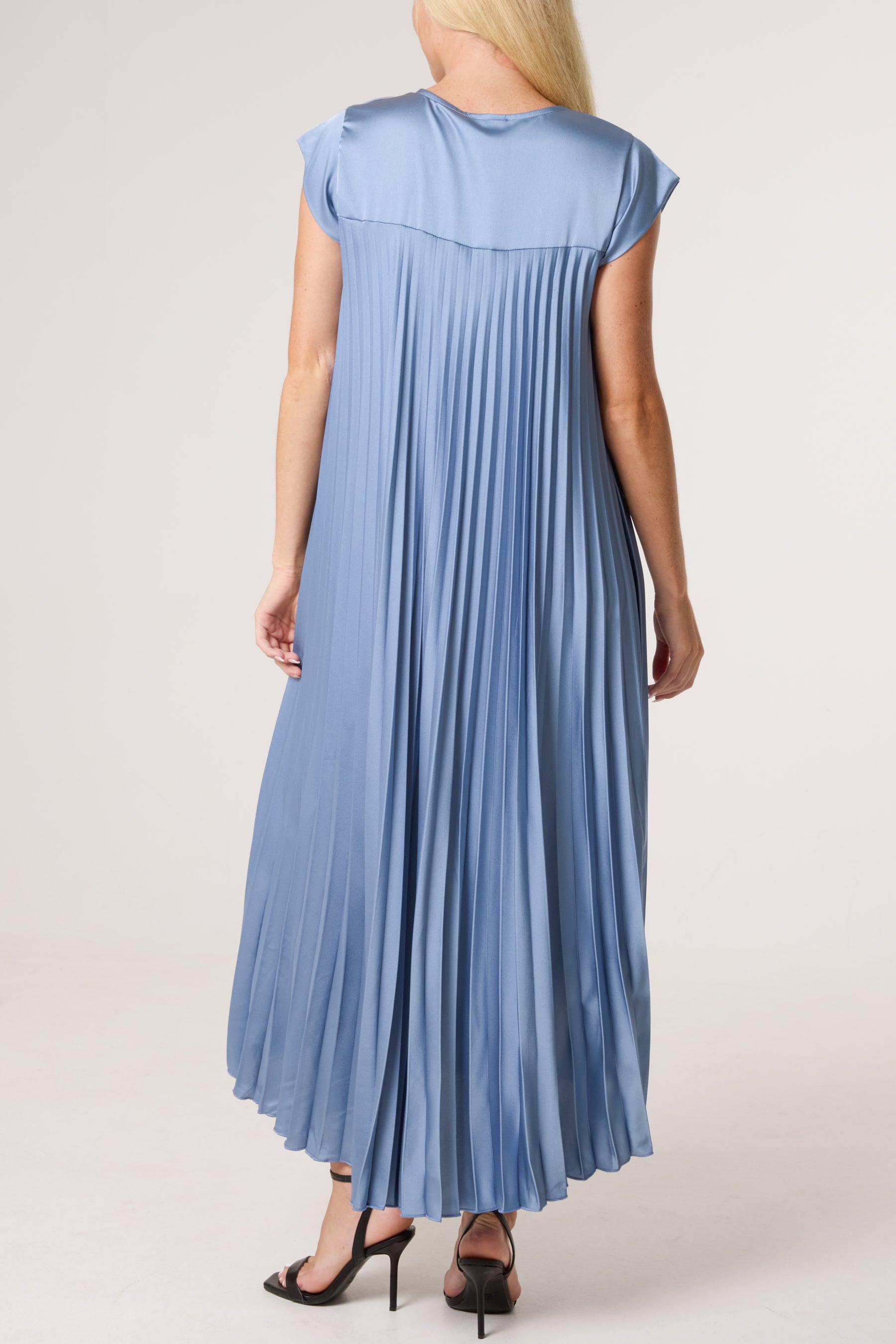 Cap Sleeve Satin Pleated Midi Dress