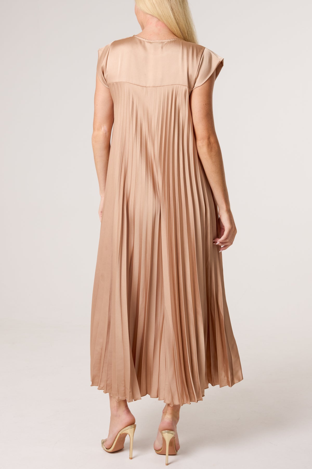 Cap Sleeve Satin Pleated Midi Dress