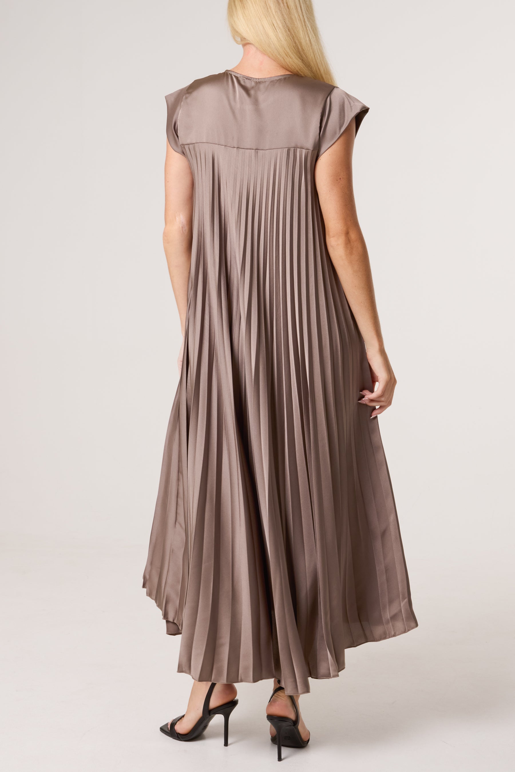 Cap Sleeve Satin Pleated Midi Dress