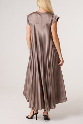 Cap Sleeve Satin Pleated Midi Dress