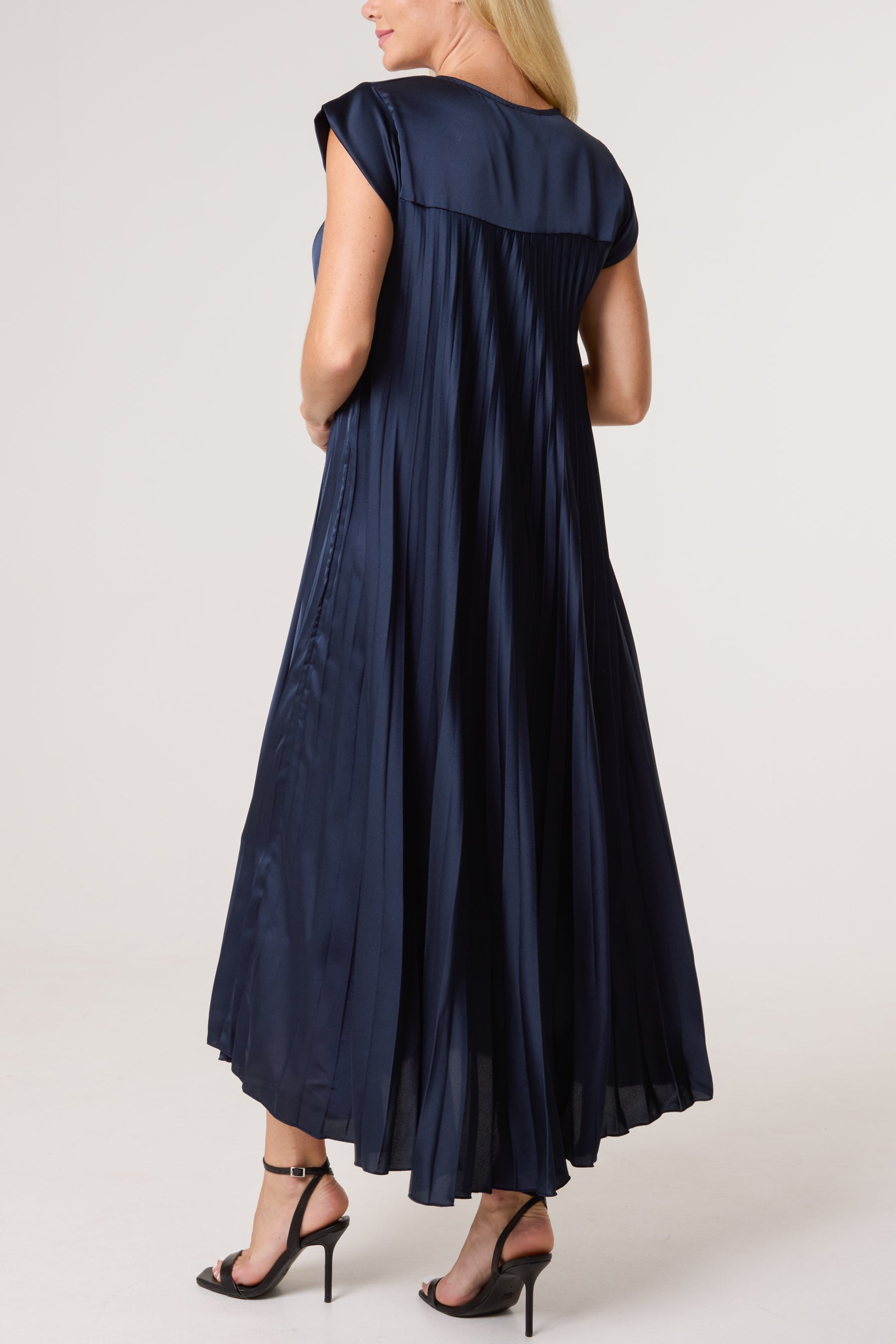 Cap Sleeve Satin Pleated Midi Dress