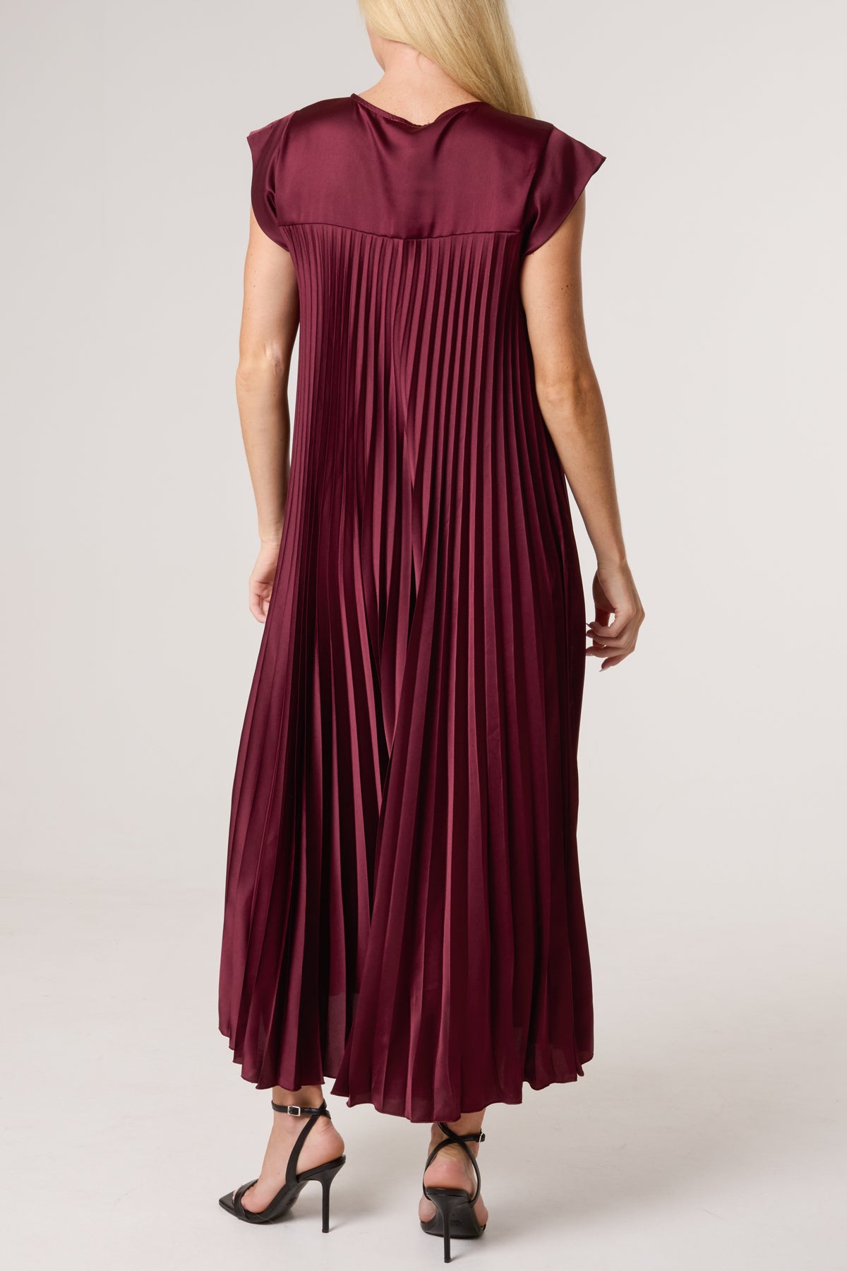 Cap Sleeve Satin Pleated Midi Dress