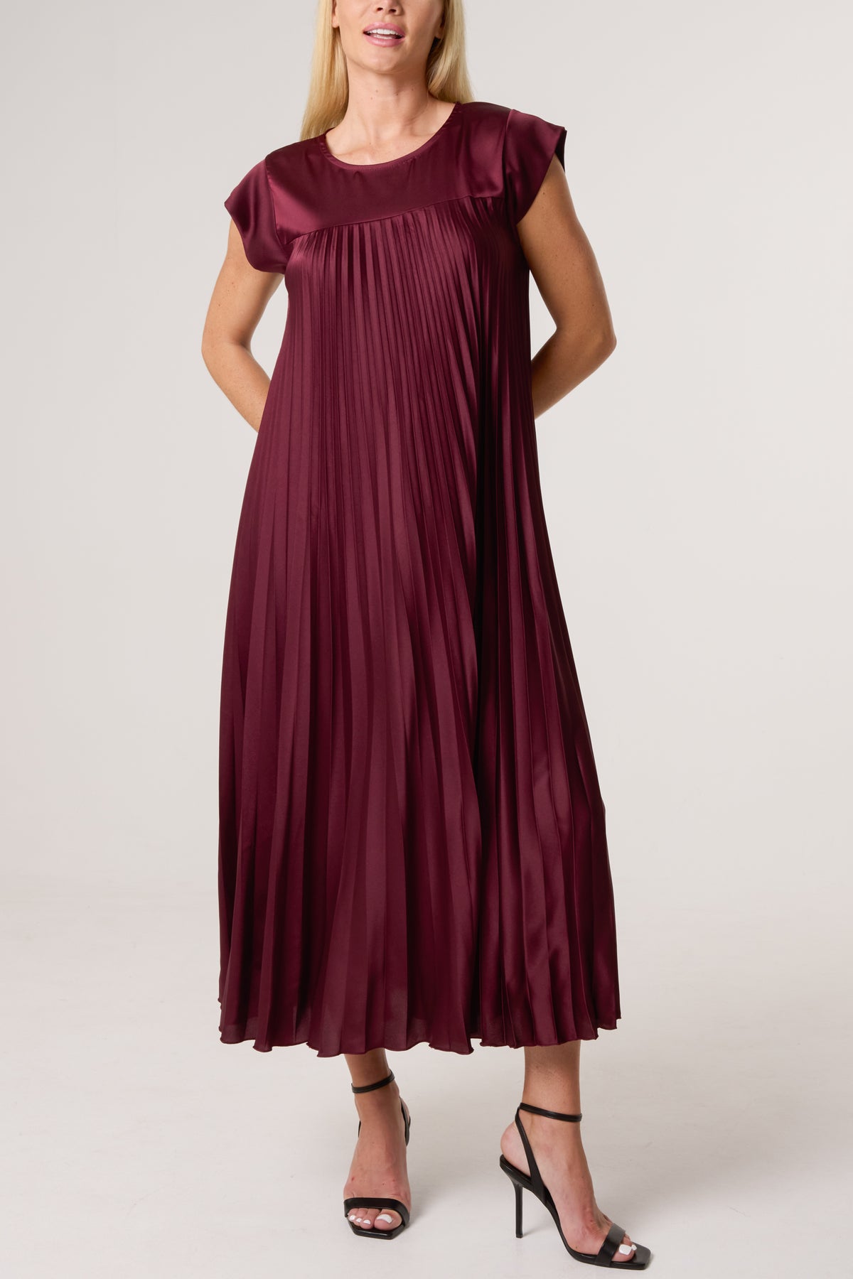 Cap Sleeve Satin Pleated Midi Dress