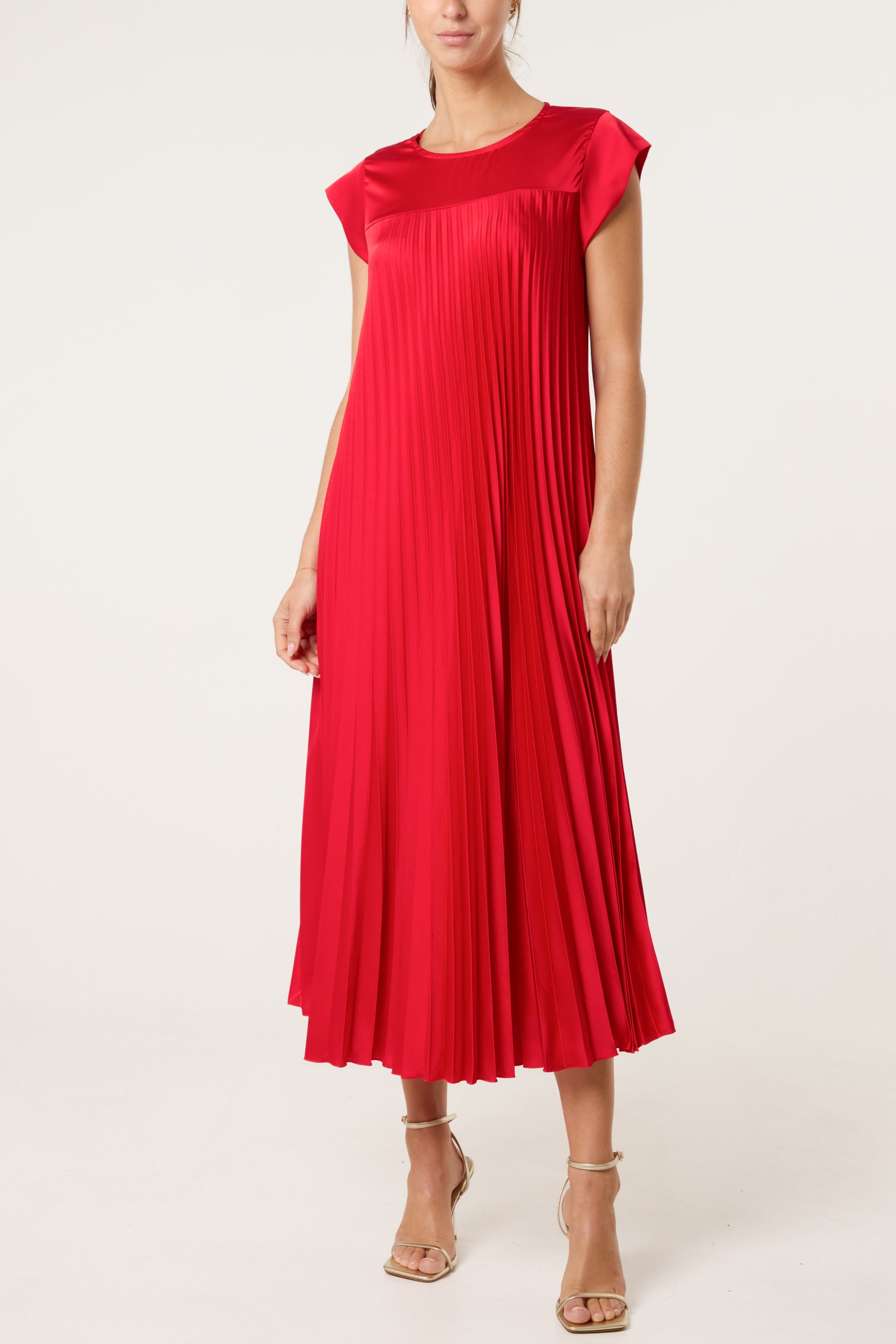 Cap Sleeve Satin Pleated Midi Dress