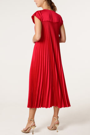 Cap Sleeve Satin Pleated Midi Dress