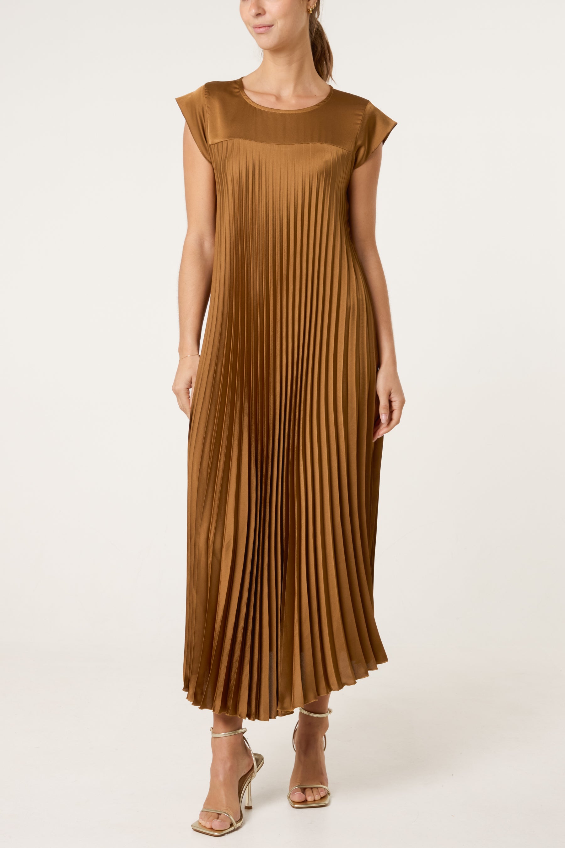 Cap Sleeve Satin Pleated Midi Dress