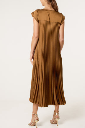 Cap Sleeve Satin Pleated Midi Dress