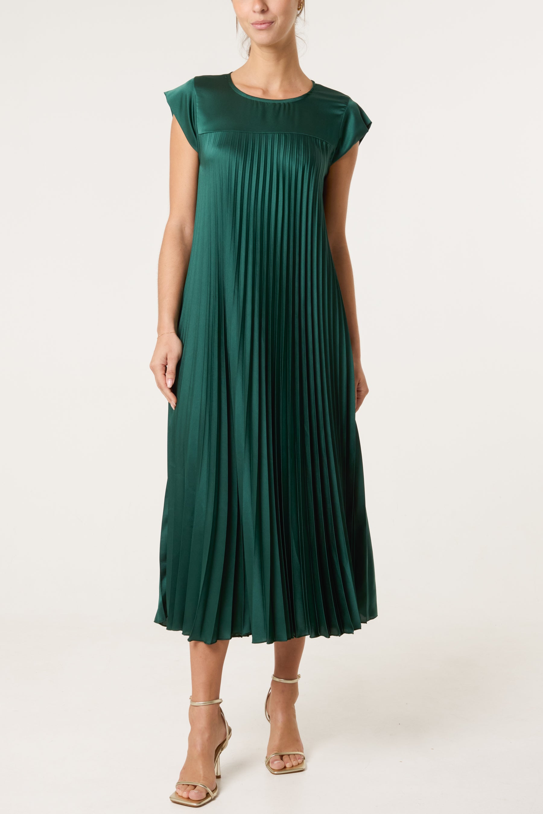 Cap Sleeve Satin Pleated Midi Dress