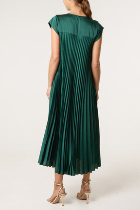 Cap Sleeve Satin Pleated Midi Dress