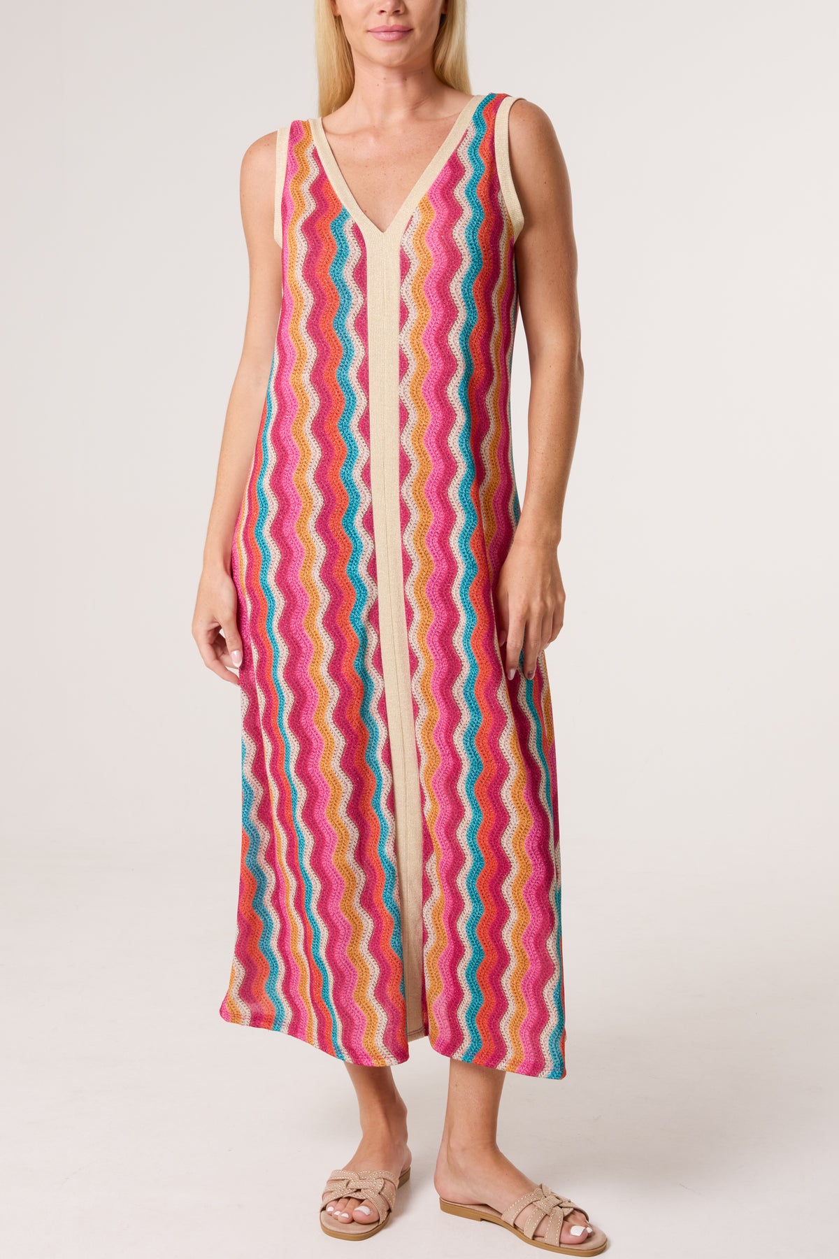 Lurex Wave Pattern V-Neck Dress