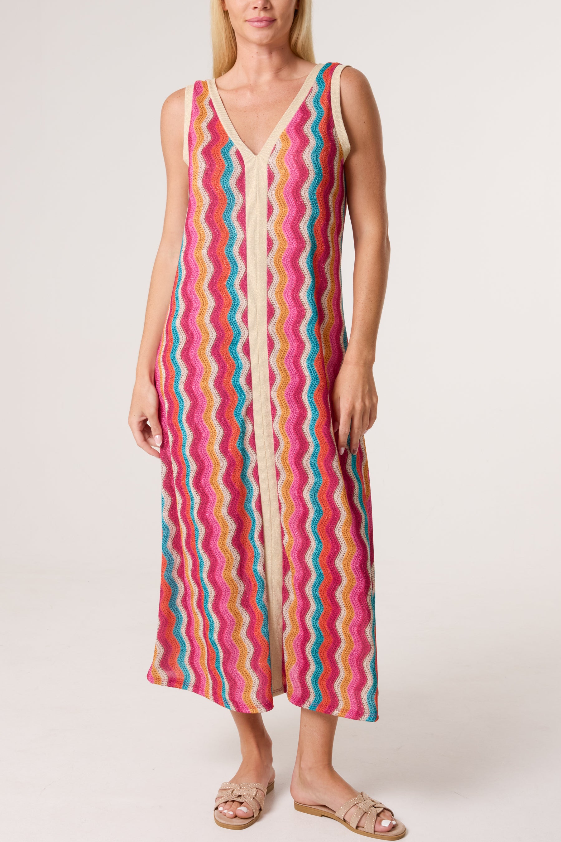 Lurex Wave Pattern V-Neck Dress