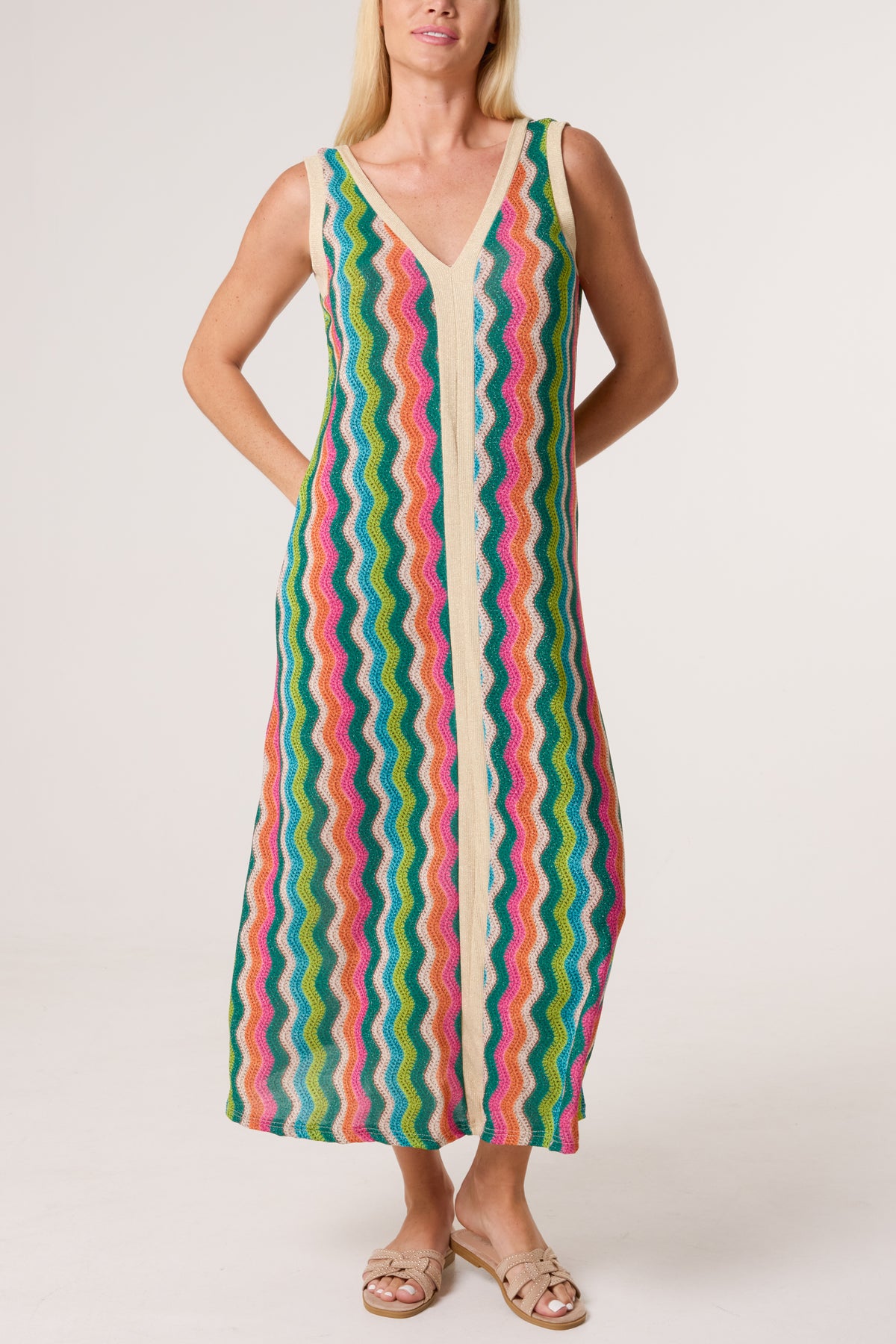 Lurex Wave Pattern V-Neck Dress
