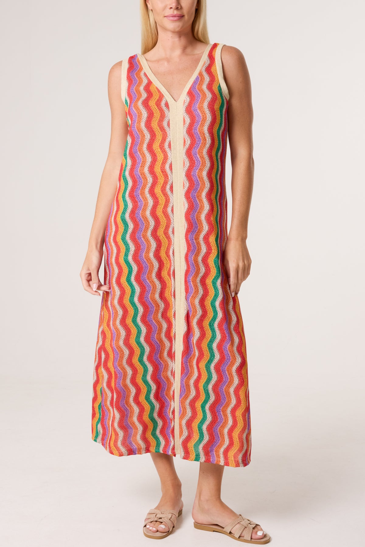 Lurex Wave Pattern V-Neck Dress