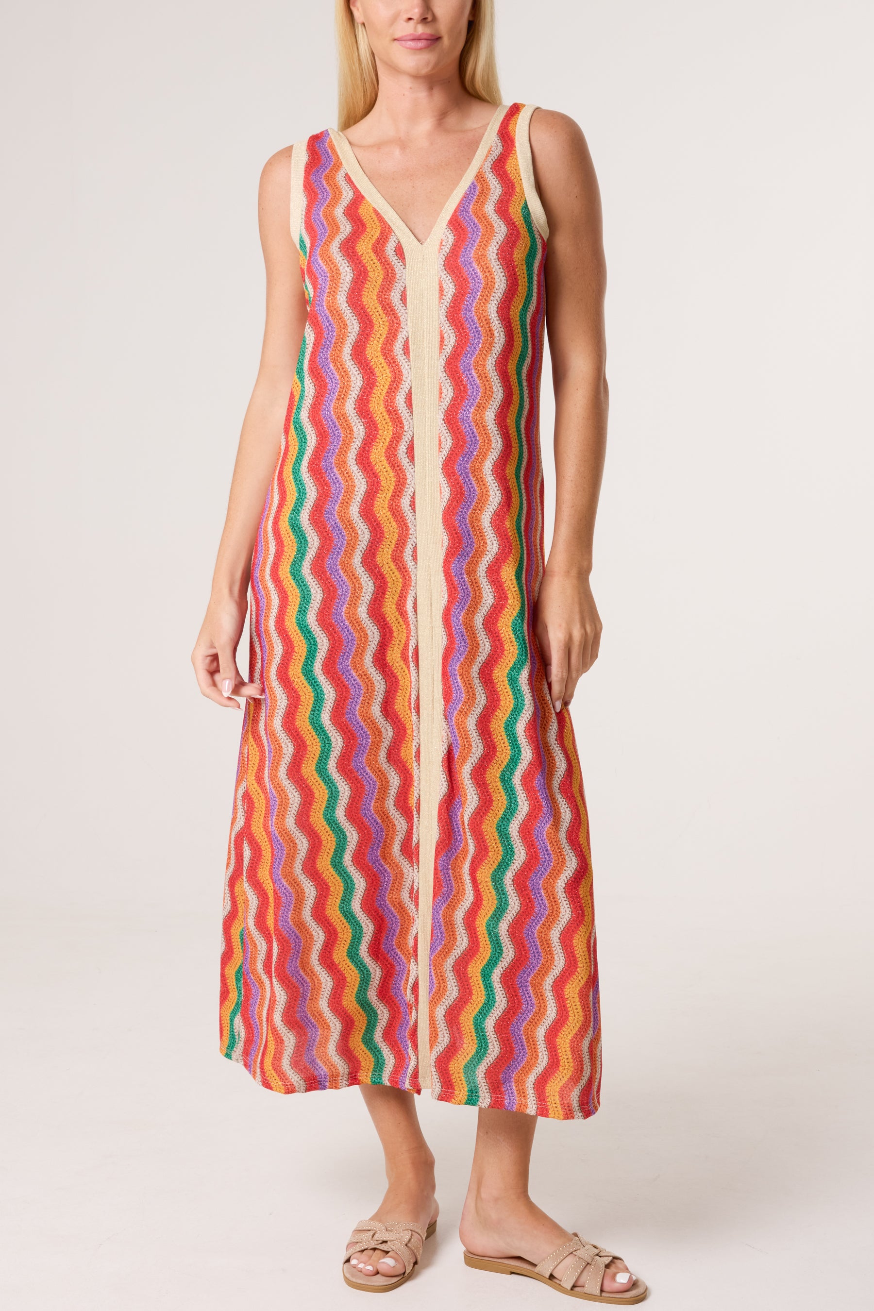 Lurex Wave Pattern V-Neck Dress