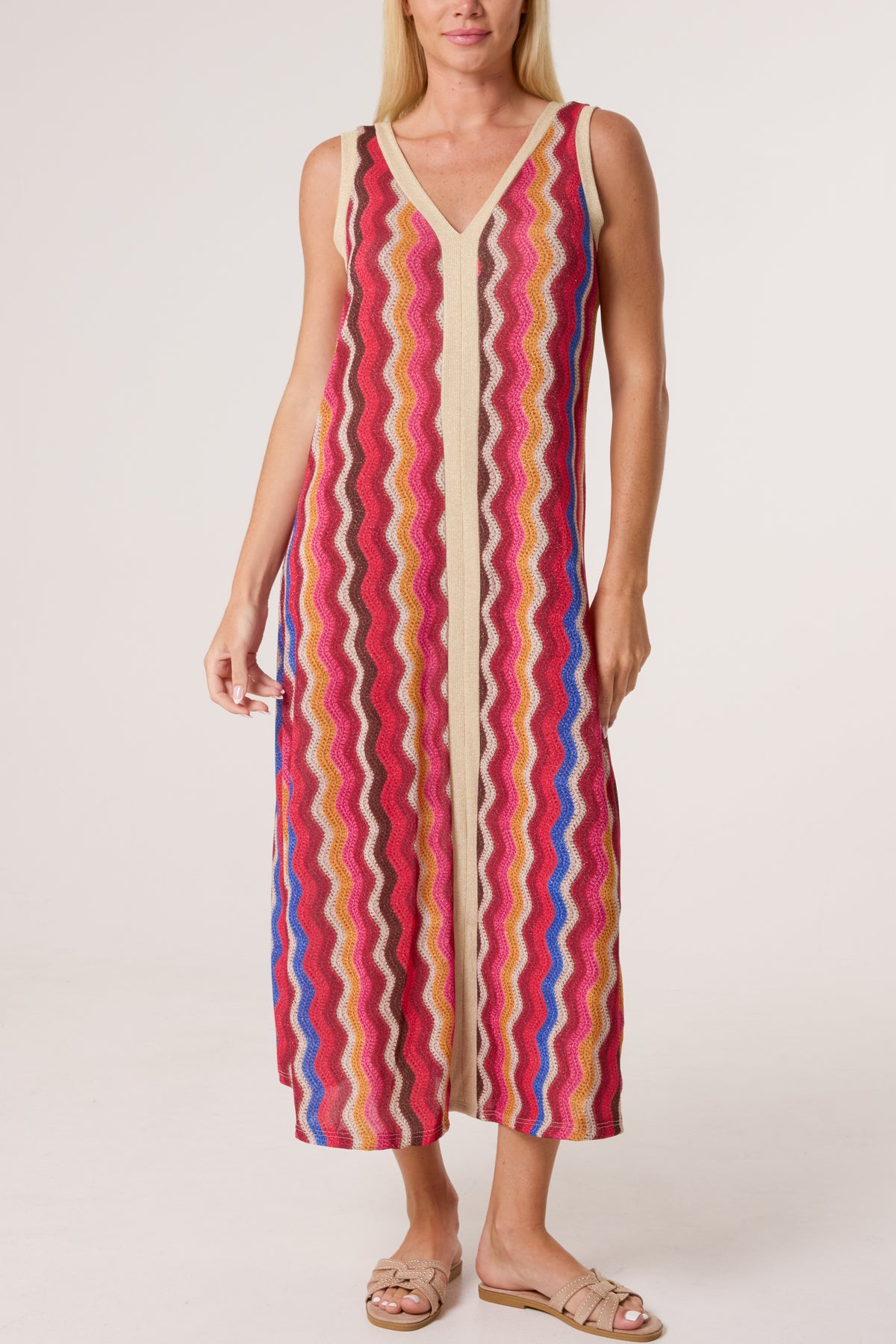 Lurex Wave Pattern V-Neck Dress