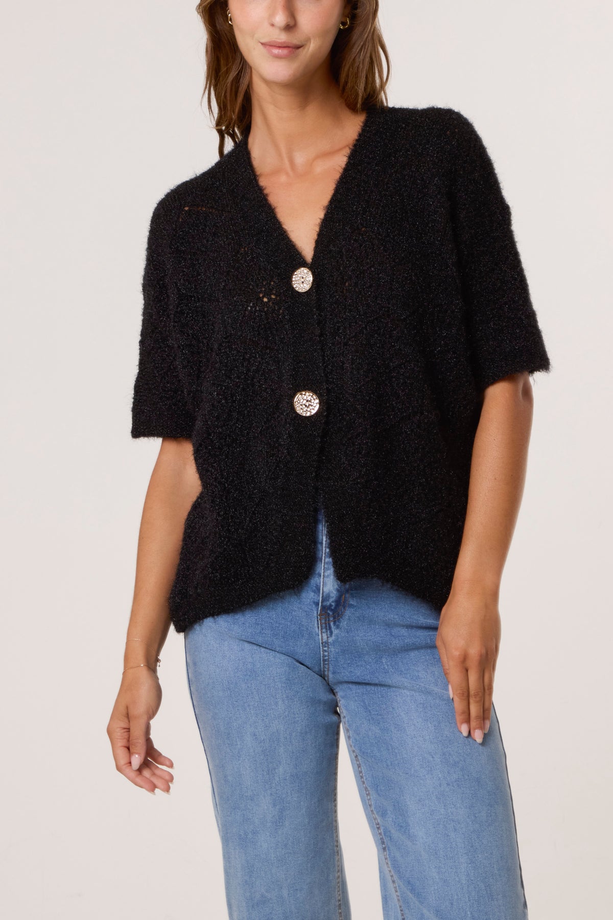 Pointelle Knit Short Sleeve Cardigan
