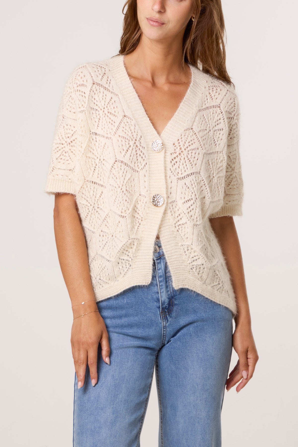 Pointelle Knit Short Sleeve Cardigan