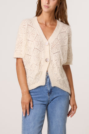 Pointelle Knit Short Sleeve Cardigan