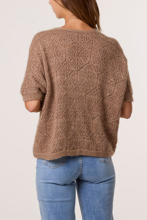Pointelle Knit Short Sleeve Cardigan