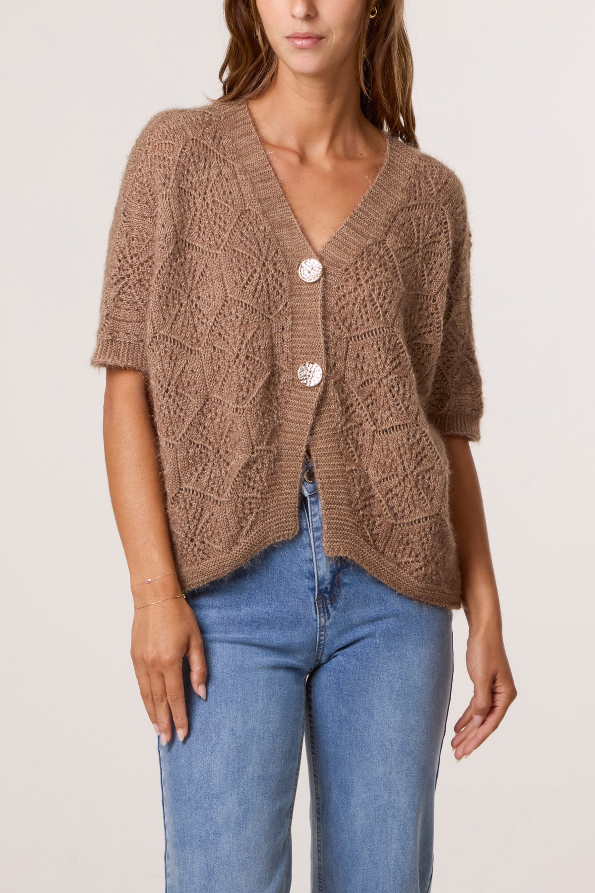 Pointelle Knit Short Sleeve Cardigan