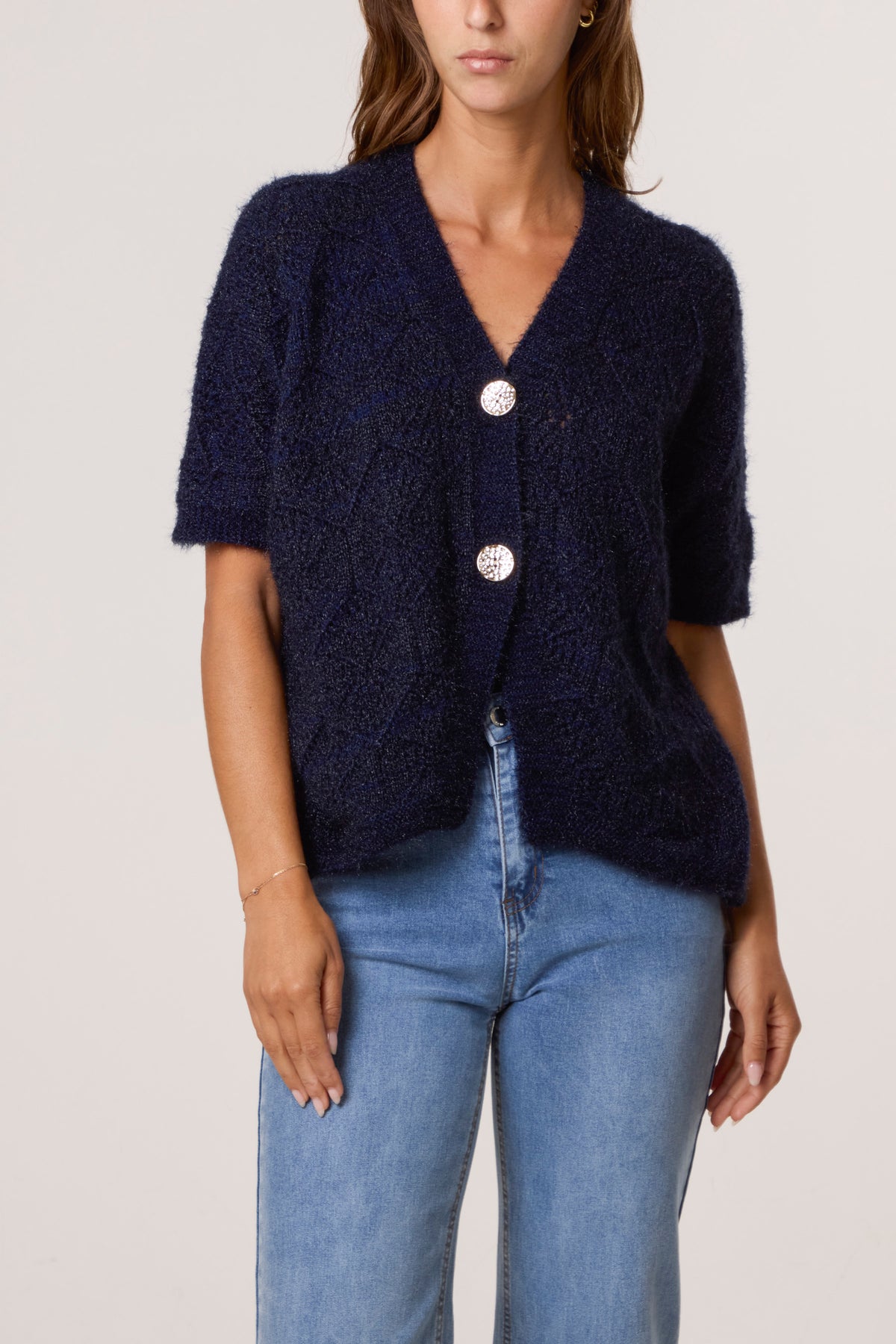 Pointelle Knit Short Sleeve Cardigan