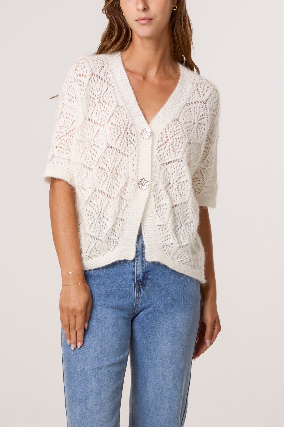 Pointelle Knit Short Sleeve Cardigan