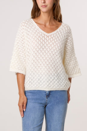 Pointelle Knit 3/4 Sleeve Jumper