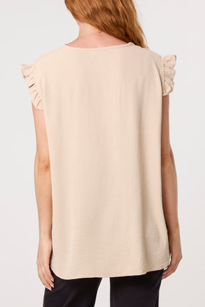 Frill Sleeve Front Button V-Neck Top